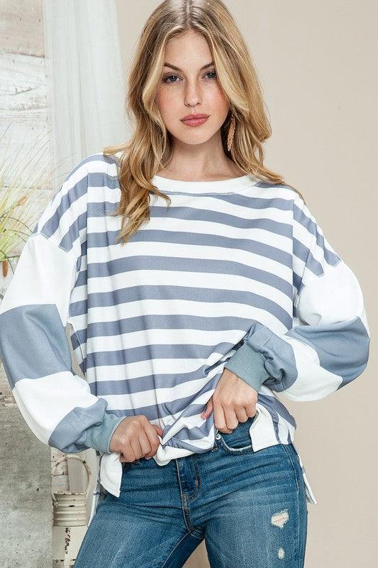 Striped Casual Drop Shoulder Pullover Sweatshirt - Lucianne Boutique