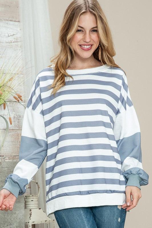 Striped Casual Drop Shoulder Pullover Sweatshirt - Lucianne Boutique