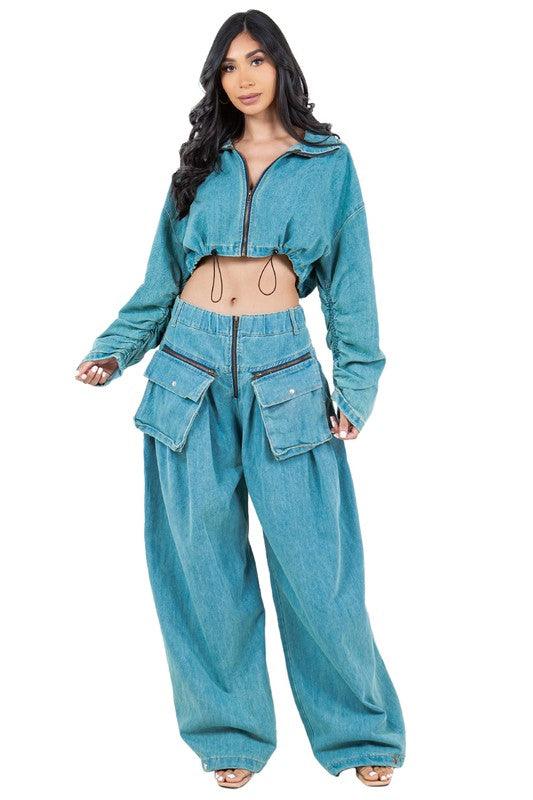 FAHION DENIM TWO PIECE PANT SET - Lucianne Boutique