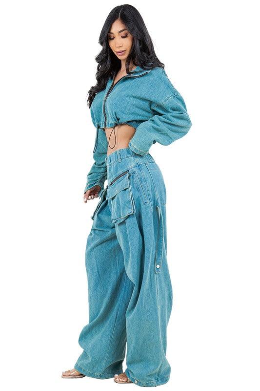 FAHION DENIM TWO PIECE PANT SET - Lucianne Boutique