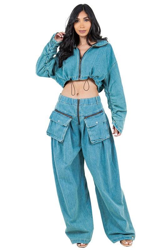 FAHION DENIM TWO PIECE PANT SET - Lucianne Boutique