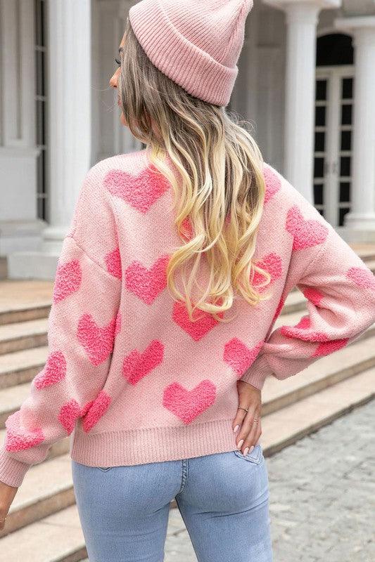 Fuzzy heart pink knit sweater Valentine - Lucianne Boutique