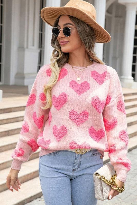 Fuzzy heart pink knit sweater Valentine - Lucianne Boutique