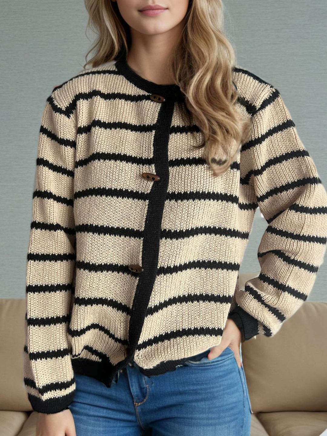 Striped Round Neck Long Sleeve Cardigan