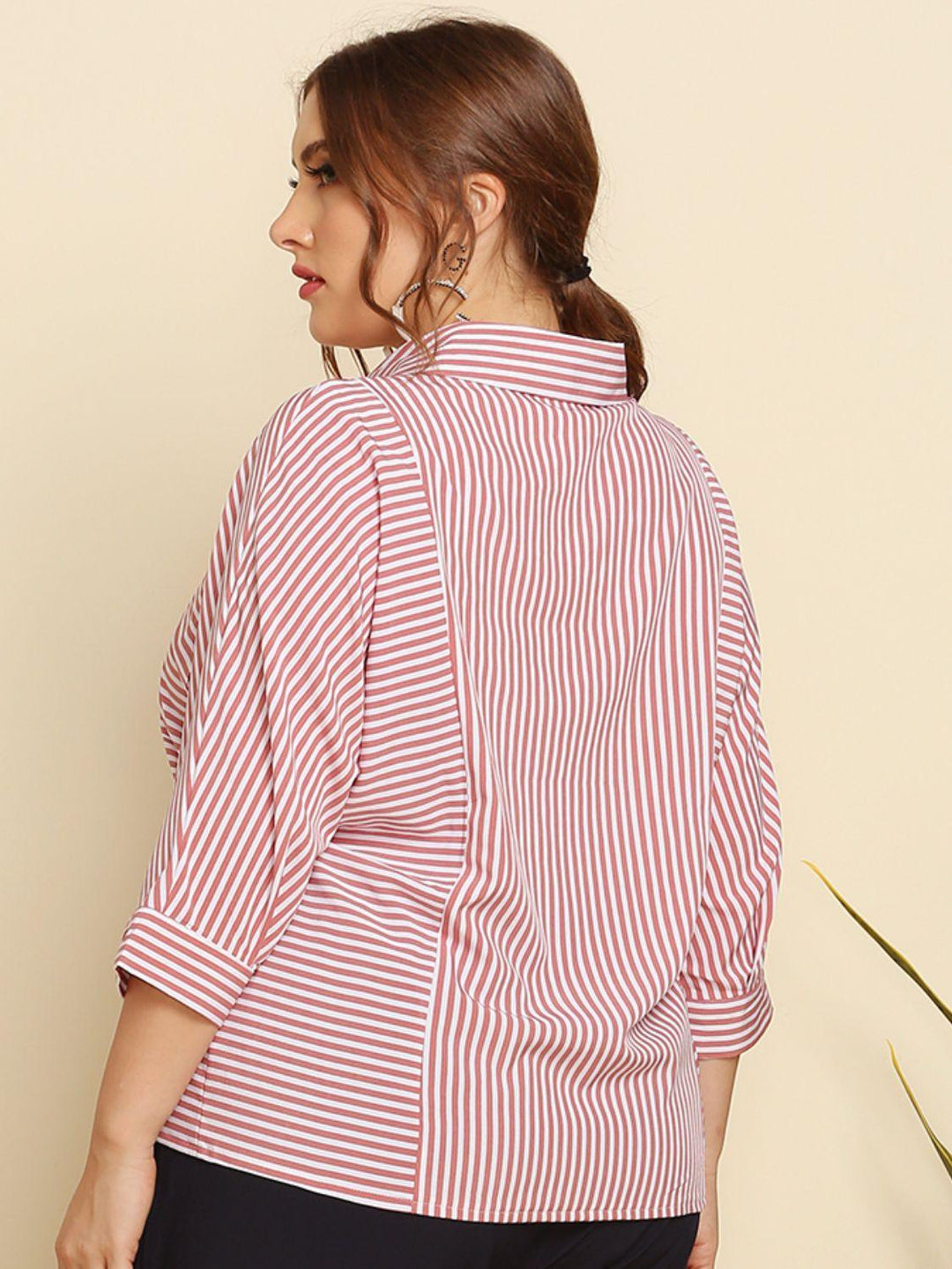 Plus Size Striped Three-Quarter Sleeve Shirt - Lucianne Boutique