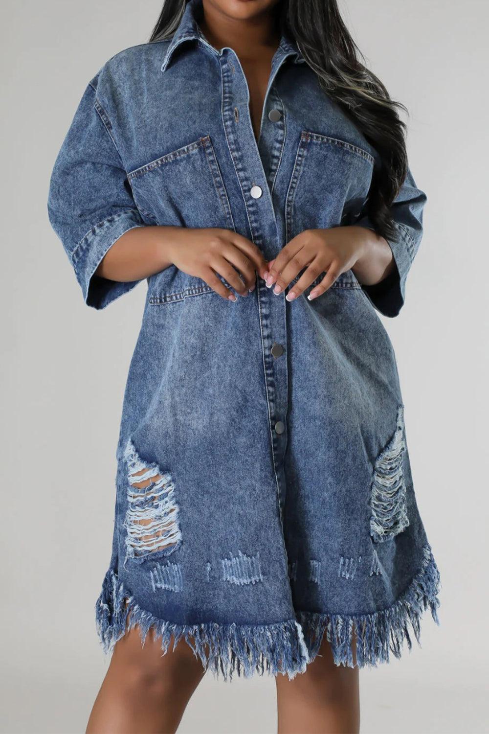 Distressed Raw Hem Button Up Denim Dress - Lucianne Boutique