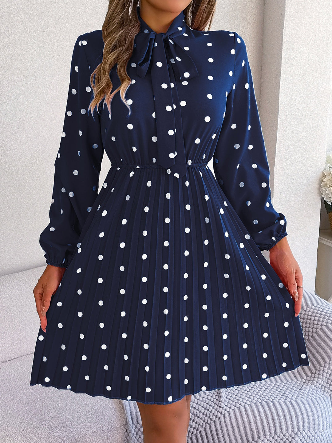 Polka Dot Tie Neck Pleated Dress