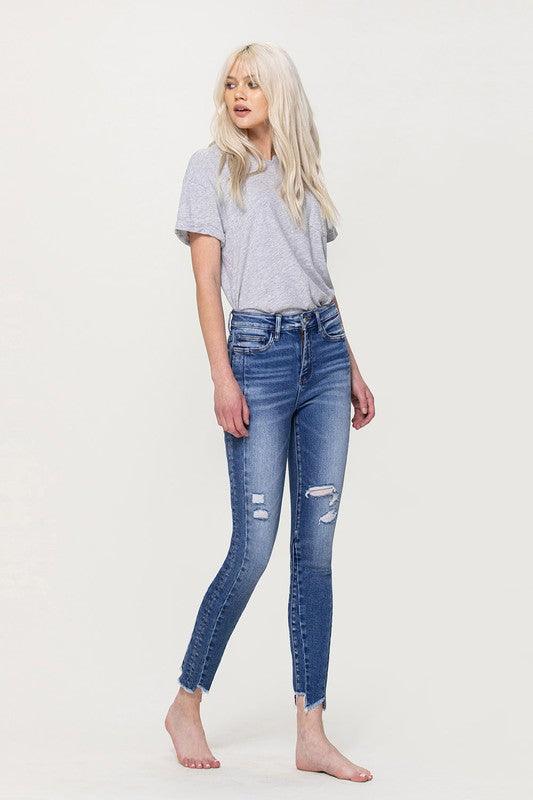 HIGH RISE ANKLE SKINNY W UNEVEN HEM DETAIL - Lucianne Boutique