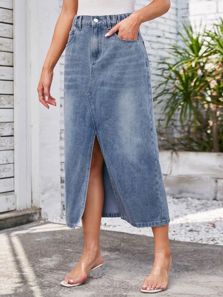 Slit Midi Denim Skirt with Pockets - Lucianne Boutique