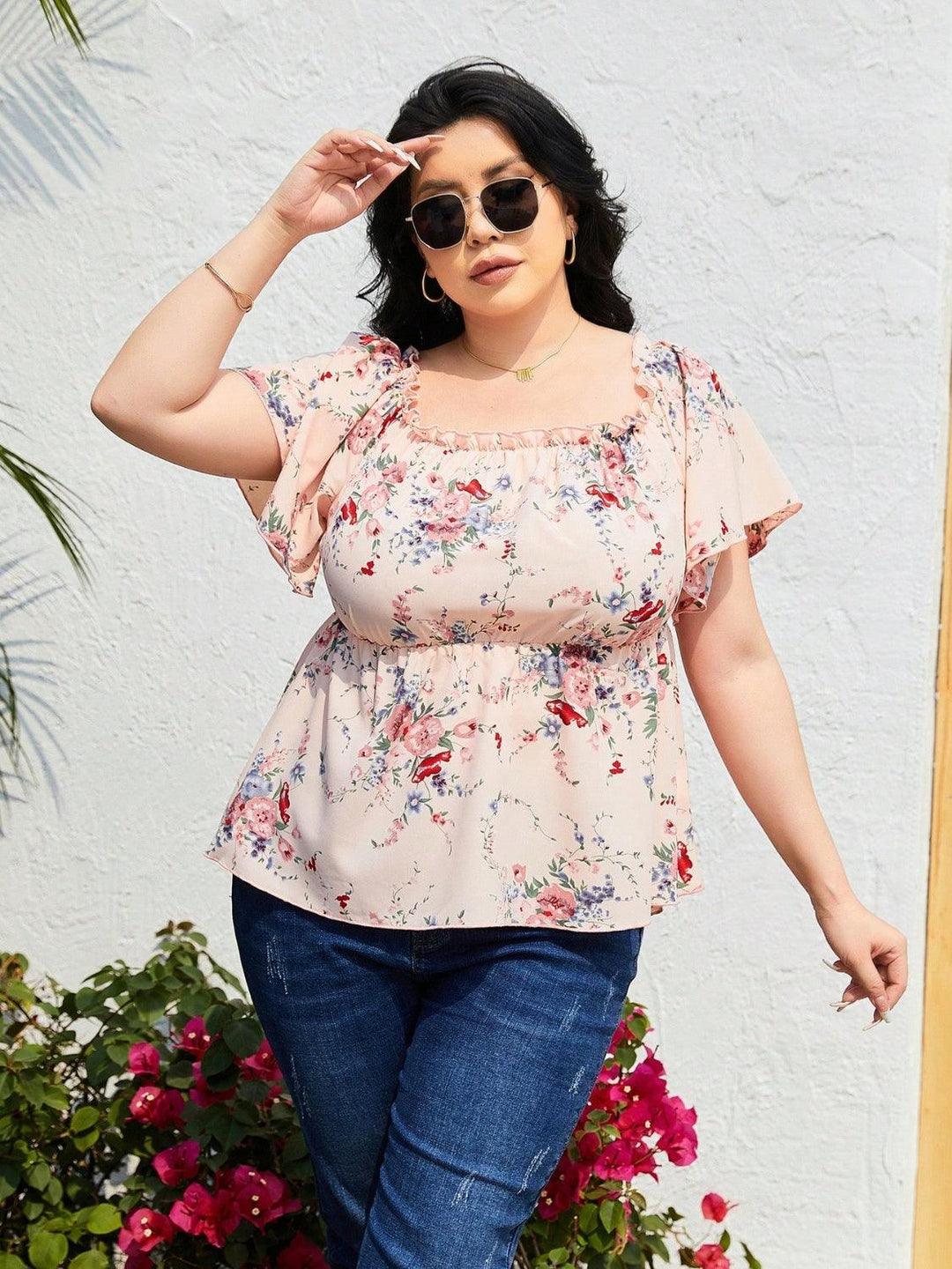 Plus Size Frill Printed Flutter Sleeve Blouse - Lucianne Boutique