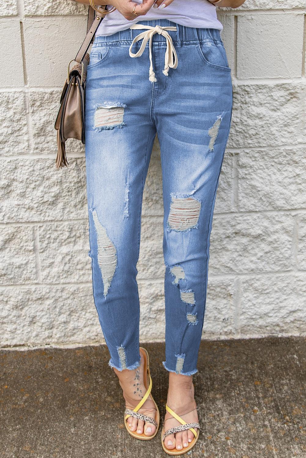 Drawstring Distressed Raw Hem Jeans with Pockets - Lucianne Boutique