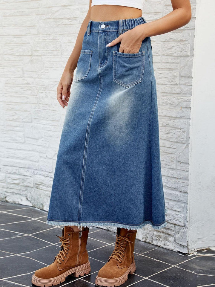 Raw Hem Buttoned Denim Skirt with Pockets - Lucianne Boutique