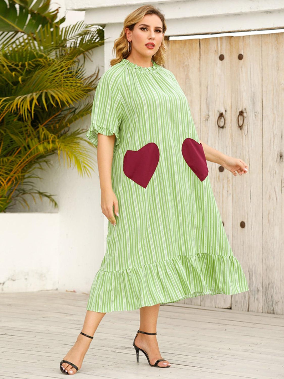 Plus Size Frill Heart Striped Half Sleeve Dress - Lucianne Boutique