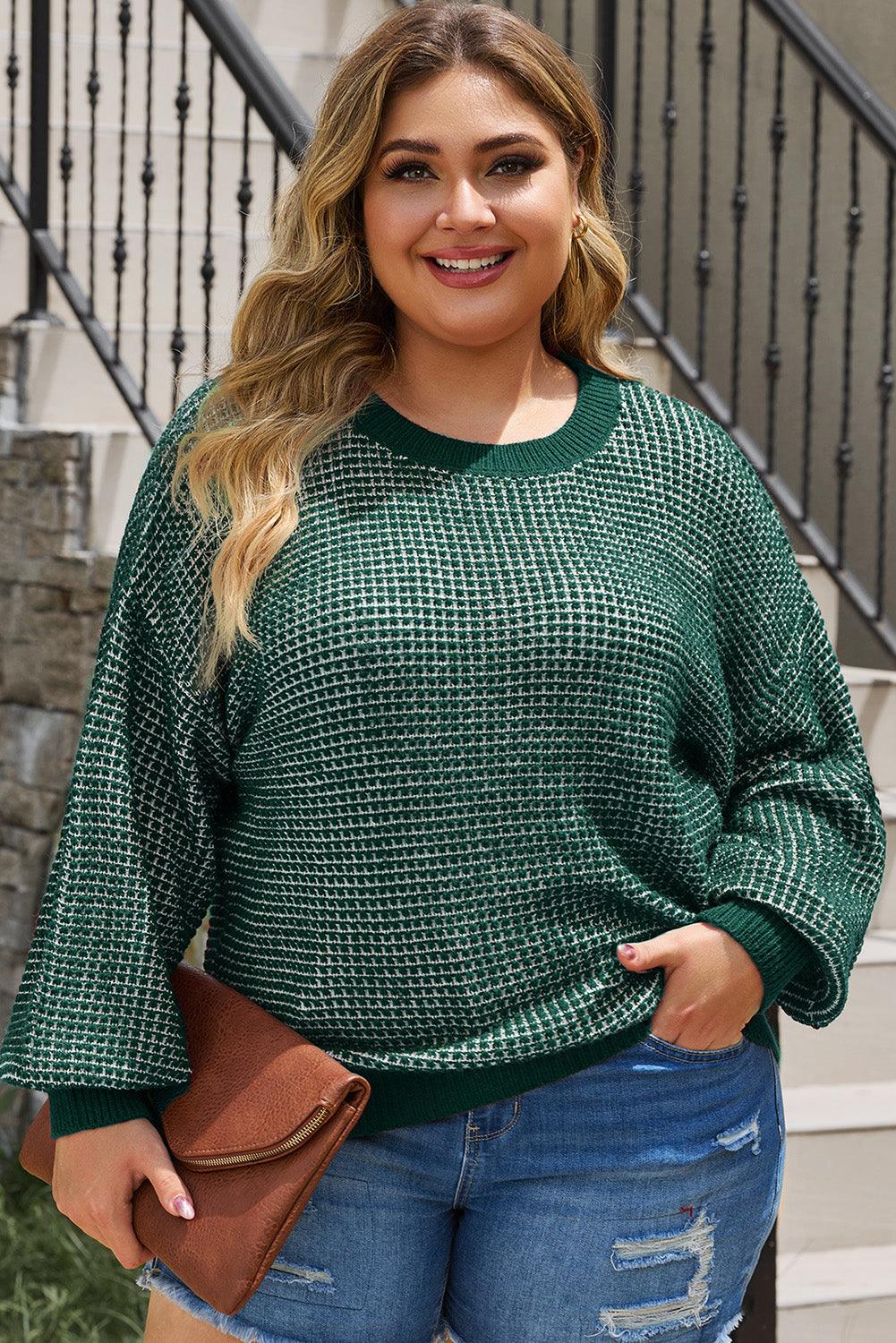 Plus Size Waffle-Knit Round Neck Dropped Shoulder Sweater - Lucianne Boutique