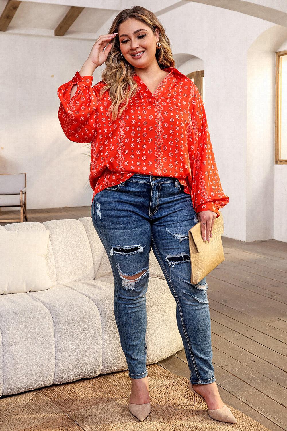 Plus Size Printed Johnny Collar Long Sleeve Blouse - Lucianne Boutique