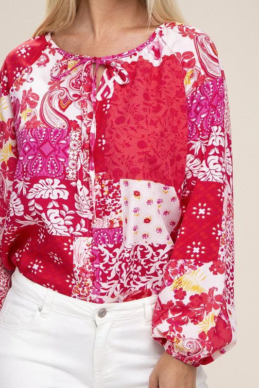 Patchwork Print Tie Neck Blouse - Lucianne Boutique