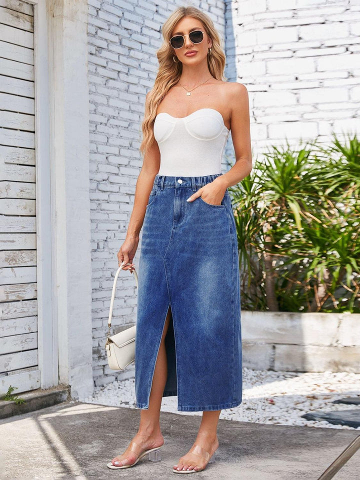 Slit Midi Denim Skirt with Pockets - Lucianne Boutique