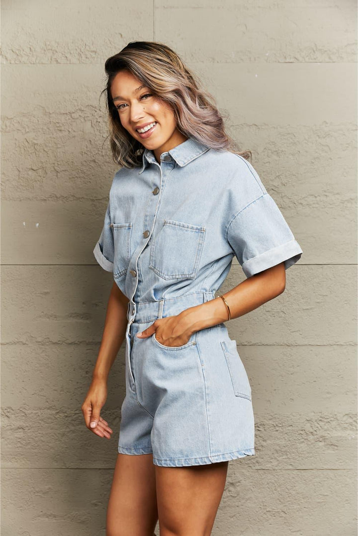Collared Neck Denim Romper with Pockets - Lucianne Boutique