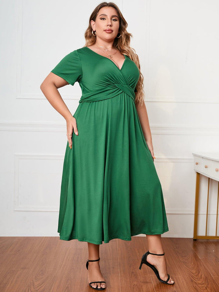 Plus Size Short Sleeve Surplice Neck Midi Dress - Lucianne Boutique