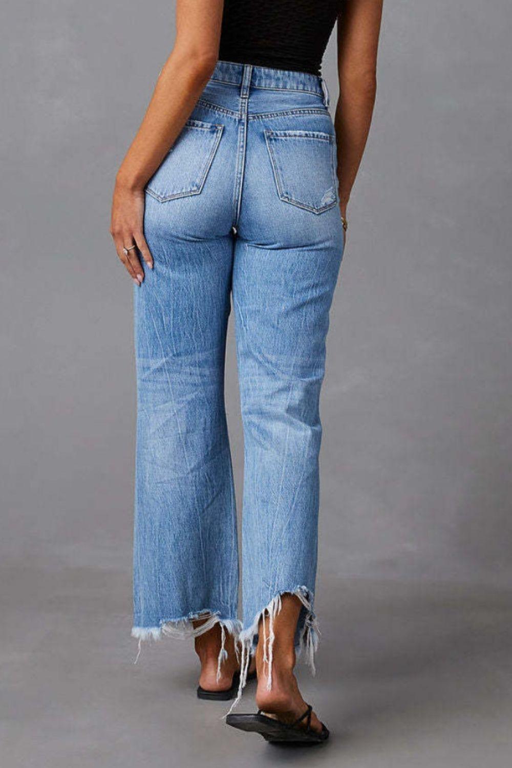 Distressed Raw Hem Jeans with Pockets - Lucianne Boutique