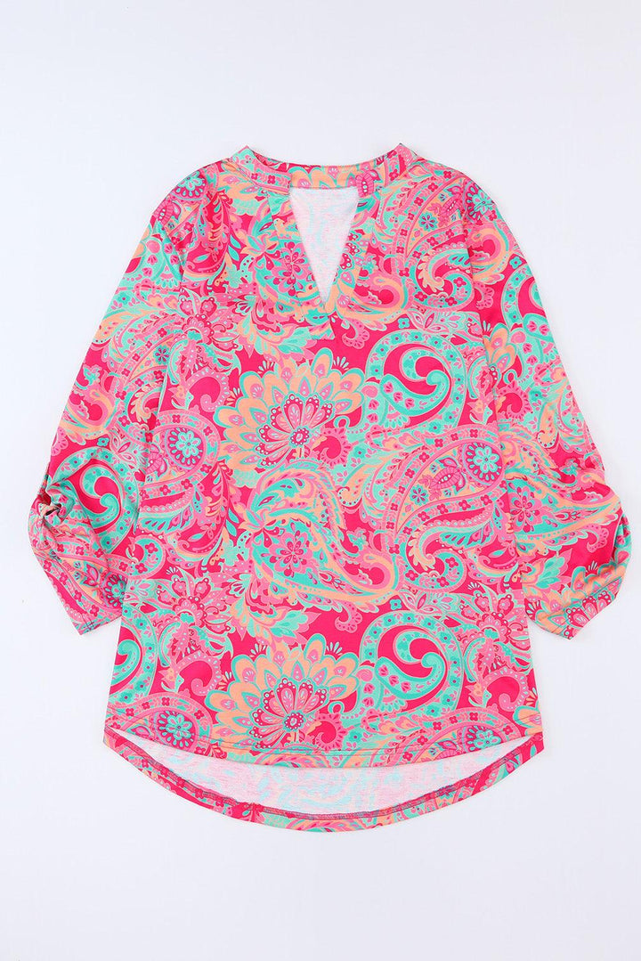 Plus Size Printed Notched Long Sleeve Blouse - Lucianne Boutique