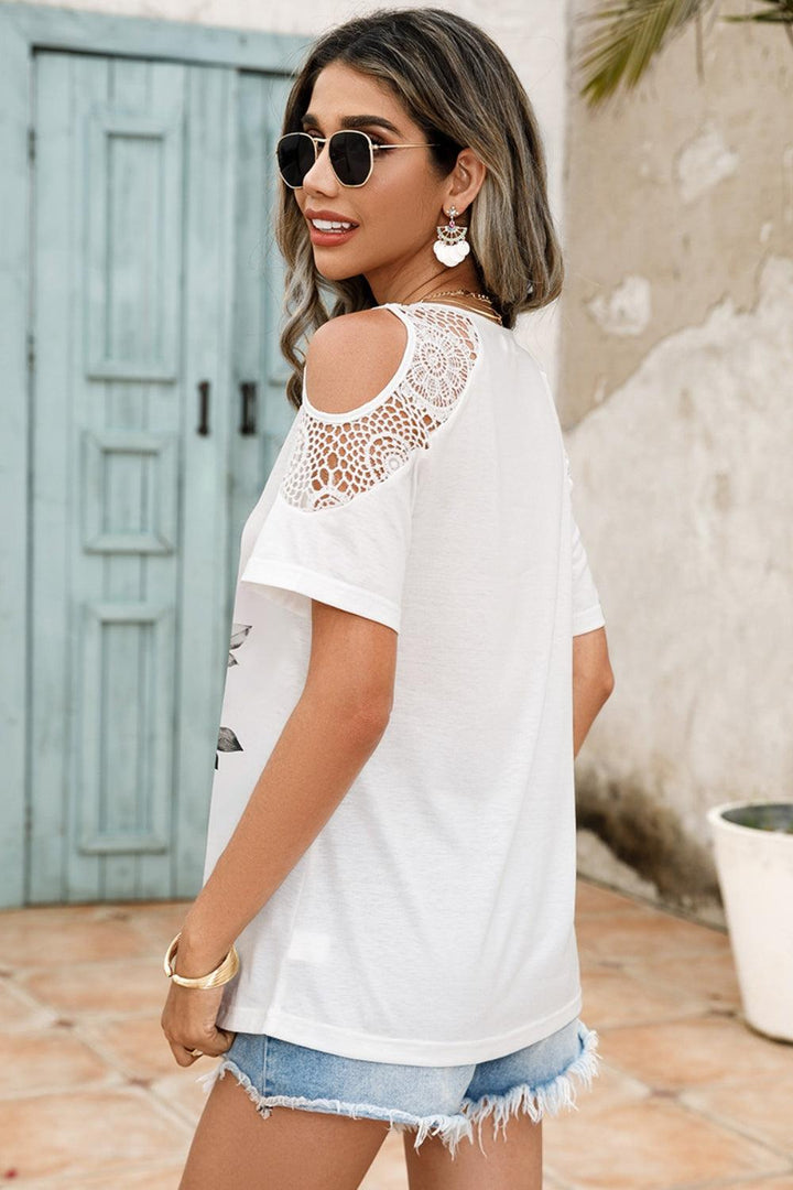 Lace Detail Round Neck Cold Shoulder Blouse - Lucianne Boutique