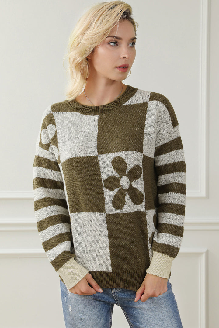 Contrast Round Neck Long Sleeve Sweater