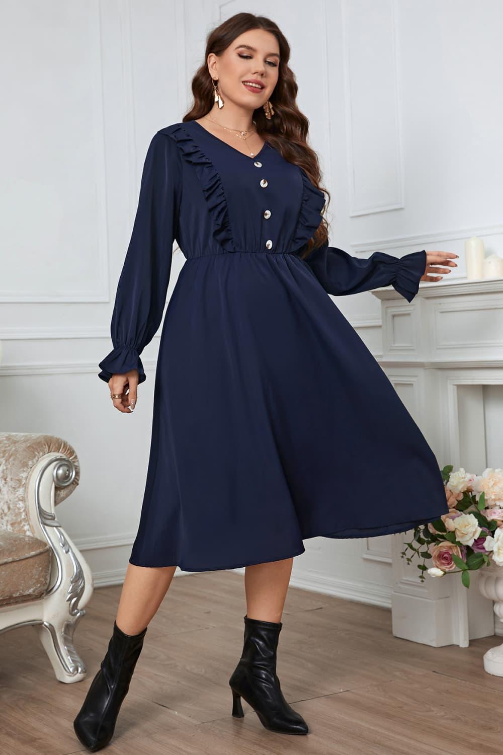 Melo Apparel Plus Size V-Neck Buttoned Flounce Sleeve Dress - Lucianne Boutique