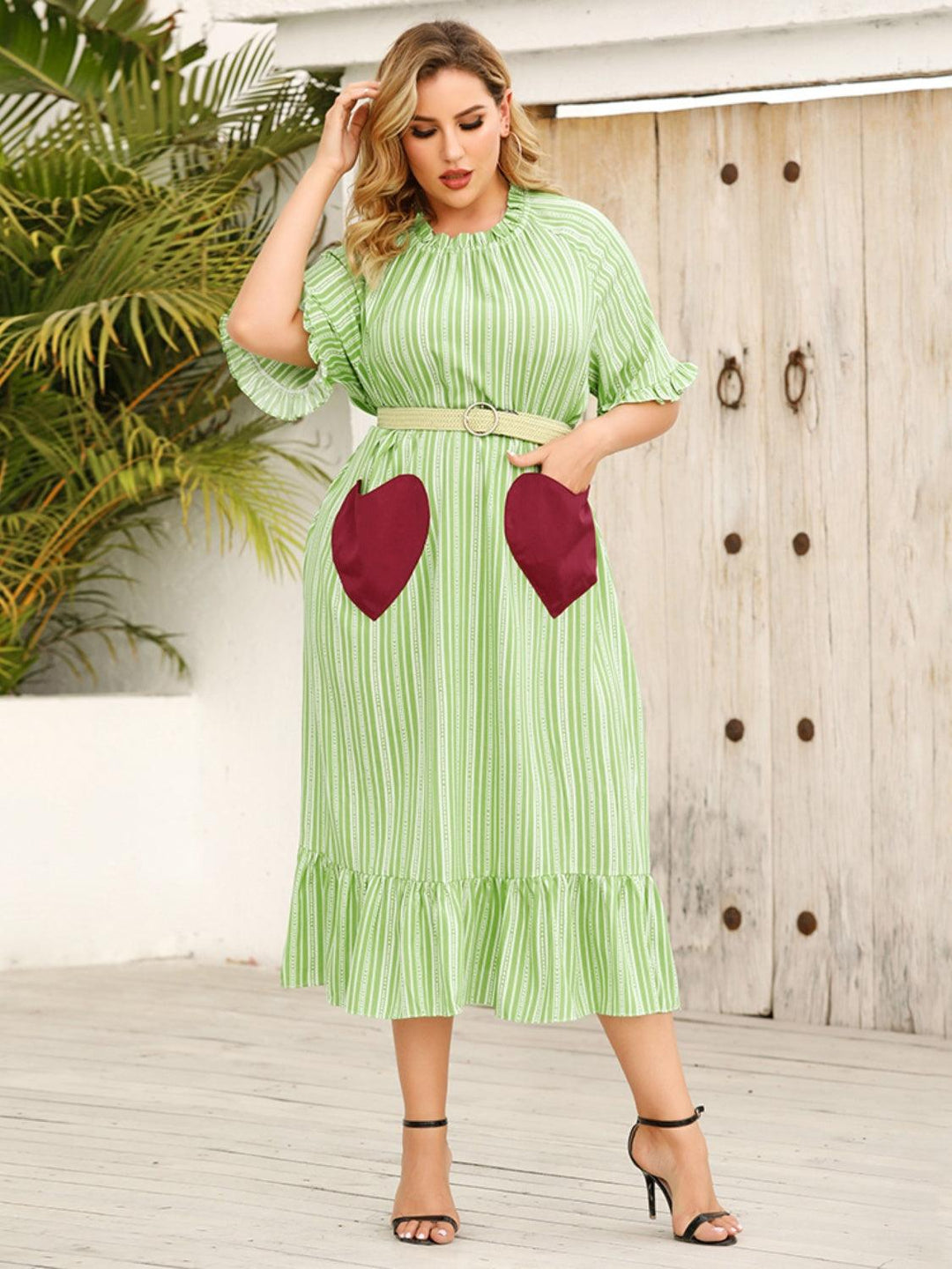 Plus Size Frill Heart Striped Half Sleeve Dress - Lucianne Boutique