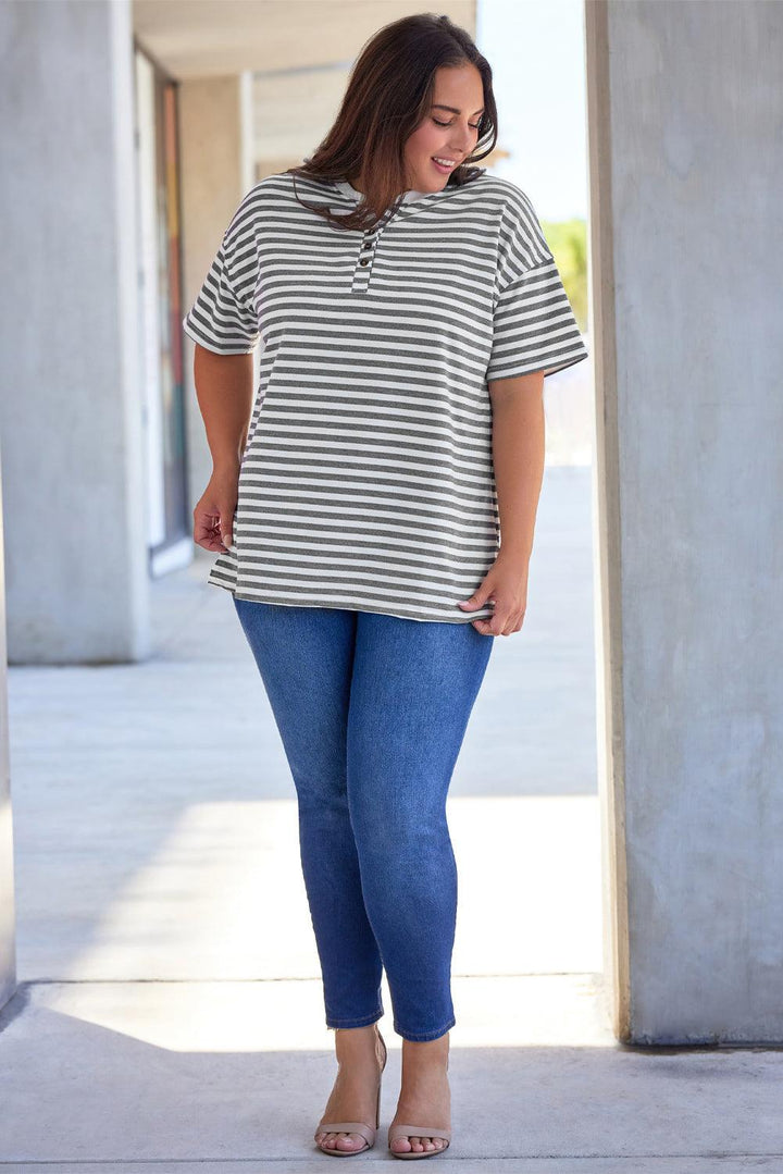 Plus Size Striped Notched Neck Short Sleeve Tee - Lucianne Boutique