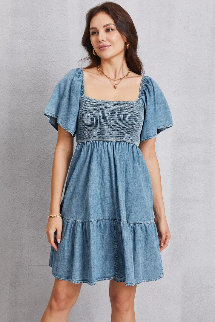 Smocked Square Neck Mini Denim Dress - Lucianne Boutique