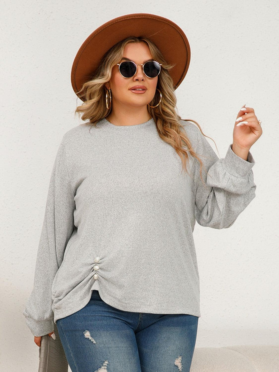 Plus Size Round Neck Ruched Long Sleeve Top - Lucianne Boutique