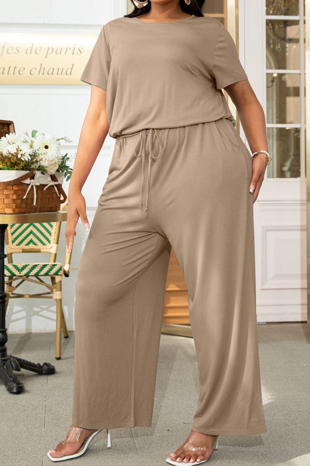 Plus Size Drawstring Waist Short Sleeve Jumpsuit - Lucianne Boutique