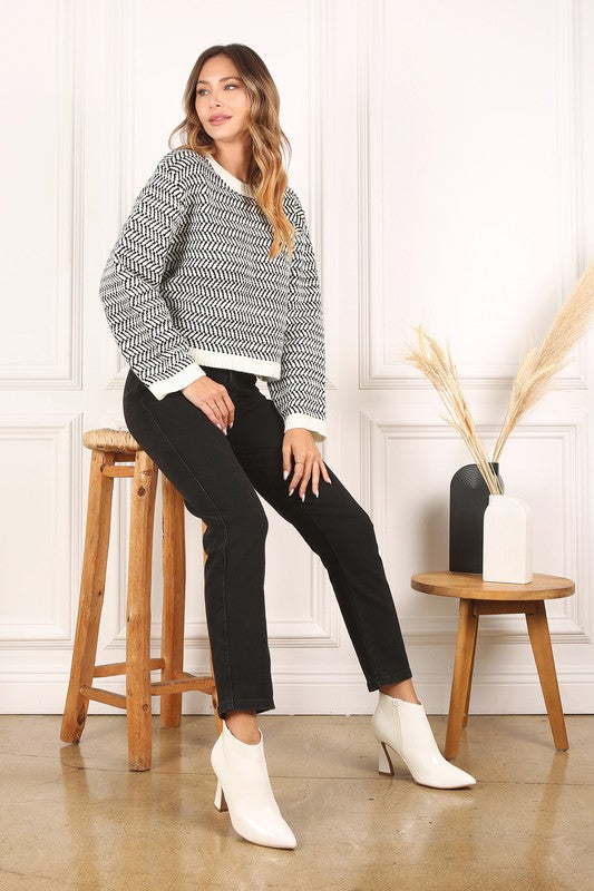 Herringbone Pattern Crew Neck Sweater - Lucianne Boutique