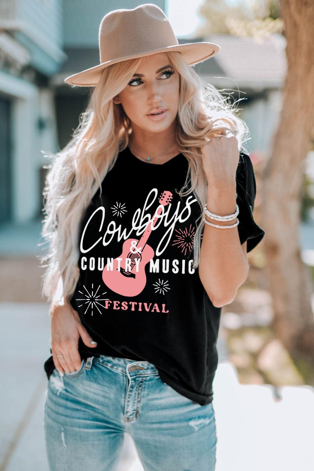 COWBOYS COUNTRY MUSIC Round Neck T-Shirt - Lucianne Boutique