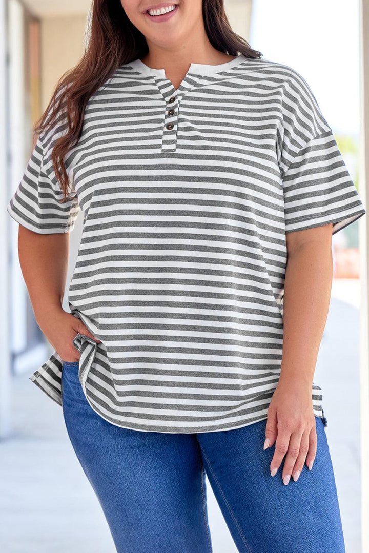 Plus Size Striped Notched Neck Short Sleeve Tee - Lucianne Boutique
