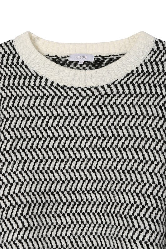 Herringbone Pattern Crew Neck Sweater - Lucianne Boutique