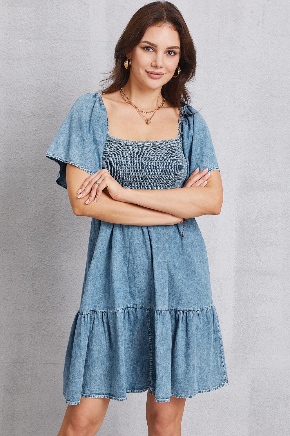 Smocked Square Neck Mini Denim Dress - Lucianne Boutique