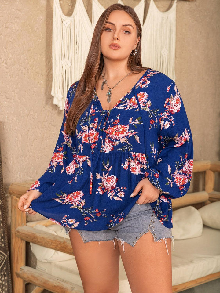 Plus Size Printed Tie Neck Balloon Sleeve Blouse - Lucianne Boutique