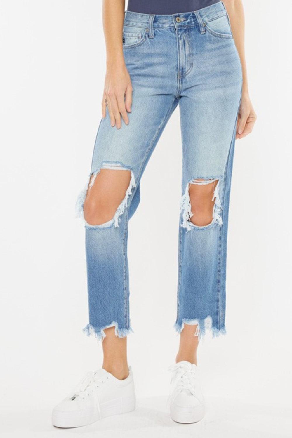 Kancan High Waist Chewed Up Straight Mom Jeans - Lucianne Boutique