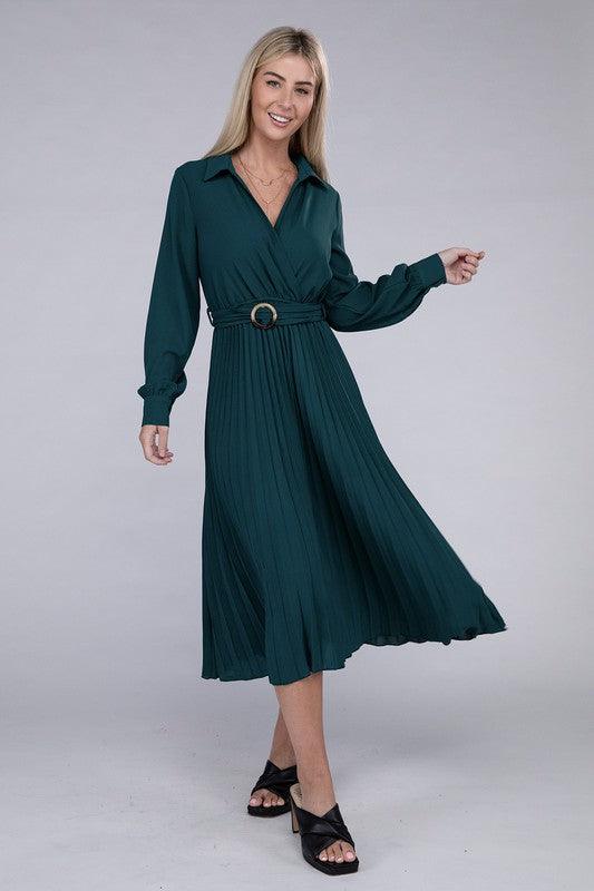 Pleated Maxi Dress with belt - Lucianne Boutique