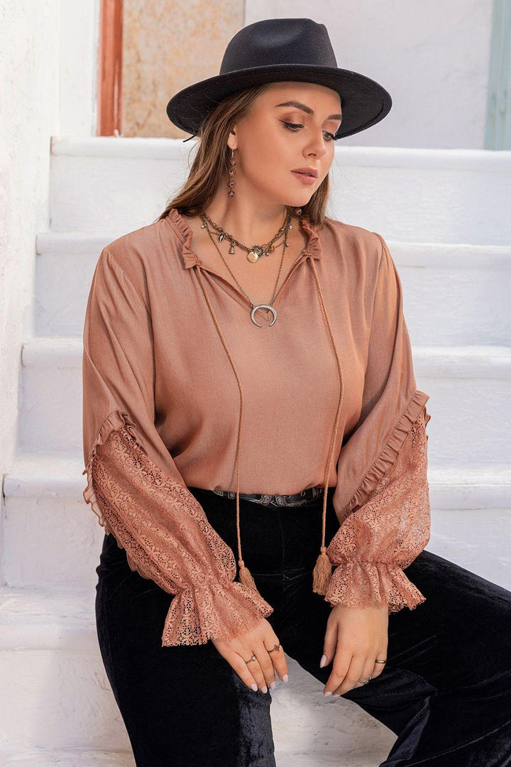 Plus Size Tie Neck Flounce Sleeve Blouse - Lucianne Boutique