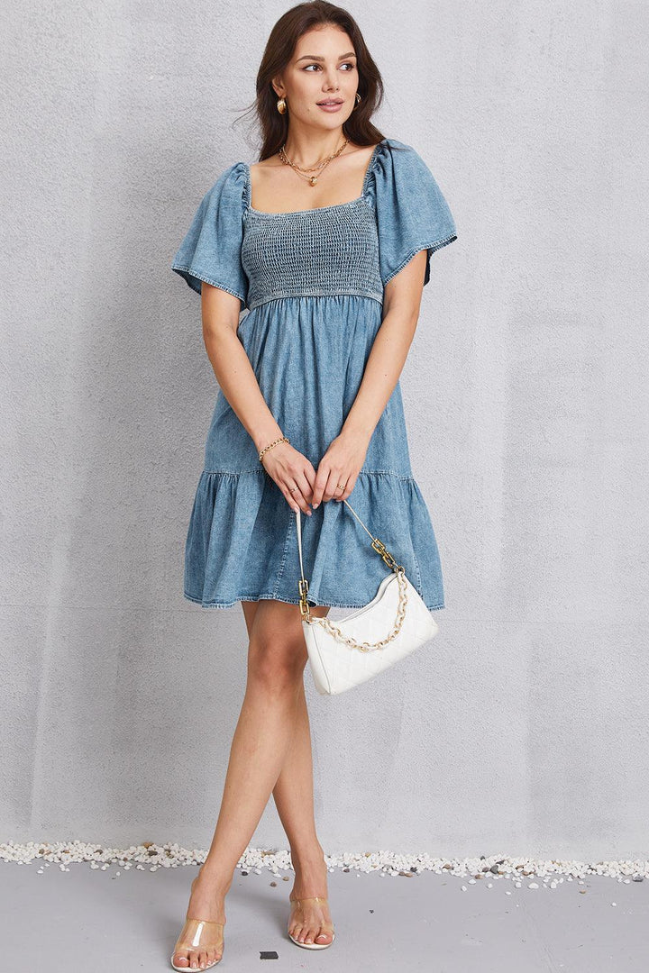 Smocked Square Neck Mini Denim Dress - Lucianne Boutique