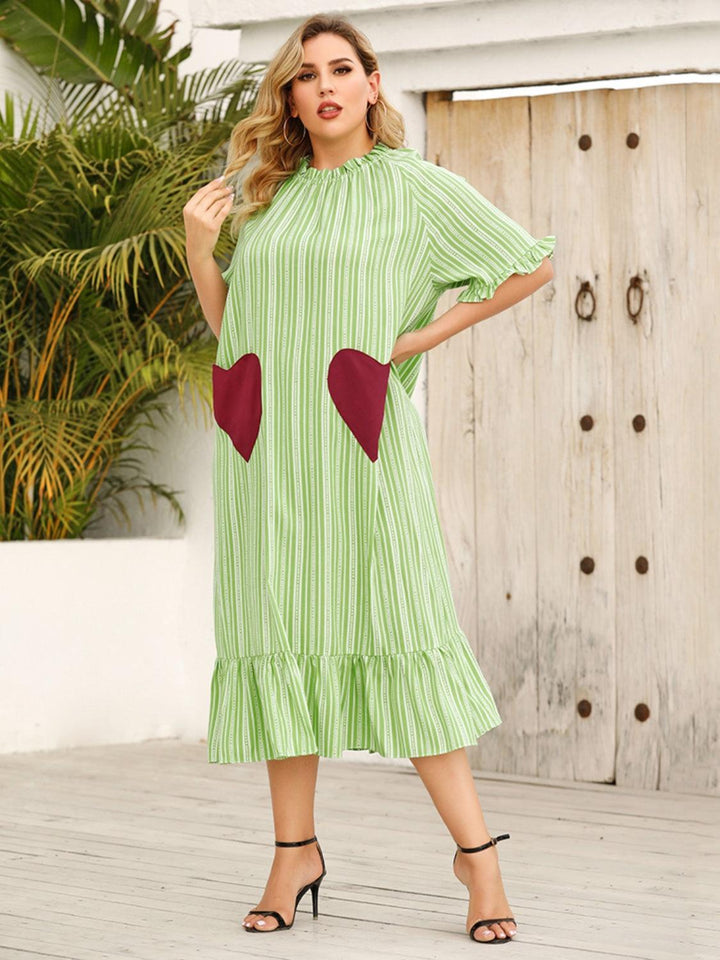 Plus Size Frill Heart Striped Half Sleeve Dress - Lucianne Boutique