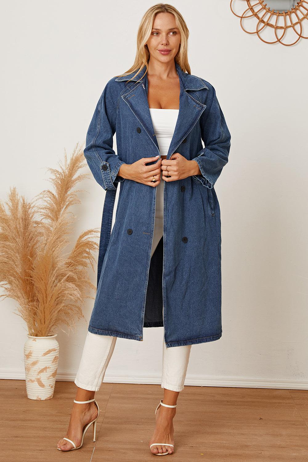 Double-Breasted Belted Longline Denim Jacket - Lucianne Boutique