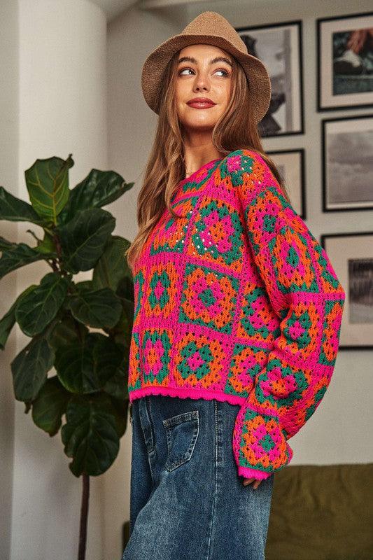 Crochet Patchwork Round Neck Pullover Sweater Top - Lucianne Boutique