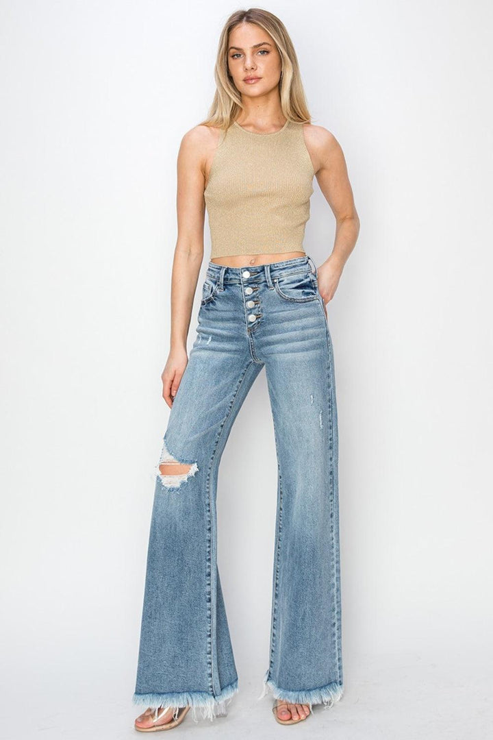 RISEN Mid Rise Button Fly Wide Leg Jeans - Lucianne Boutique