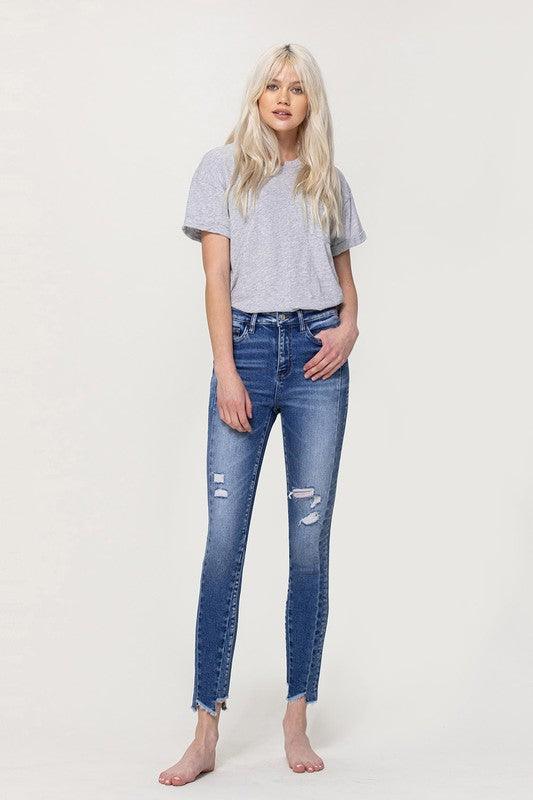 HIGH RISE ANKLE SKINNY W UNEVEN HEM DETAIL - Lucianne Boutique