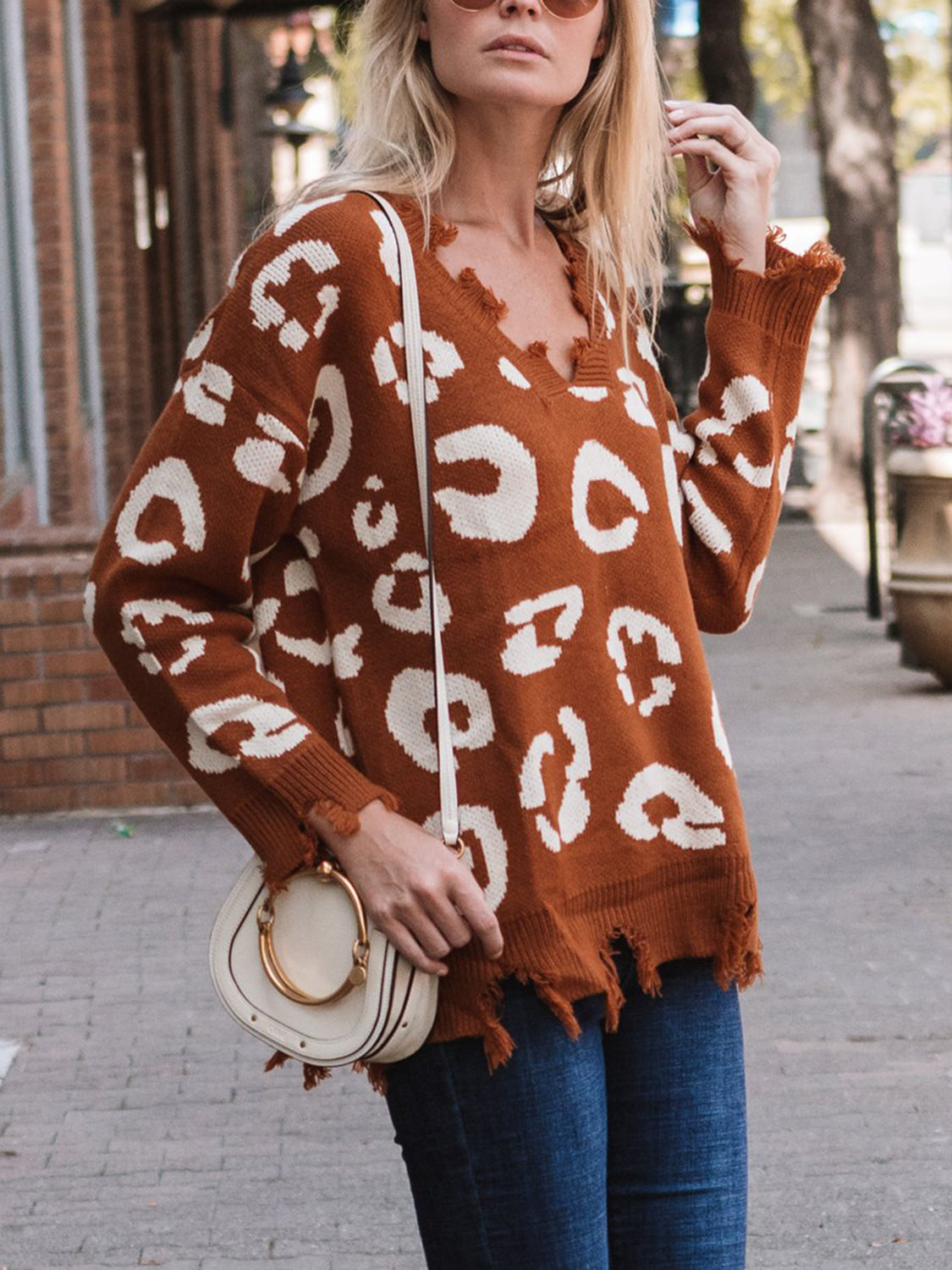 Leopard Frayed Hem Long Sleeve Sweater Lucianne Boutique