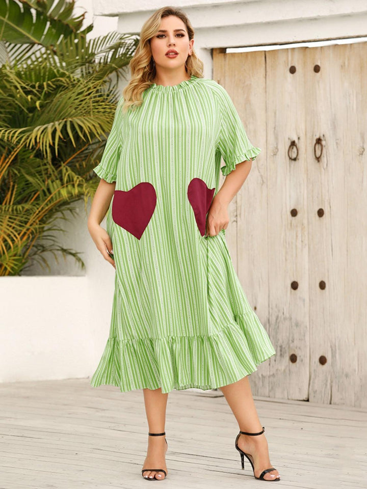 Plus Size Frill Heart Striped Half Sleeve Dress - Lucianne Boutique